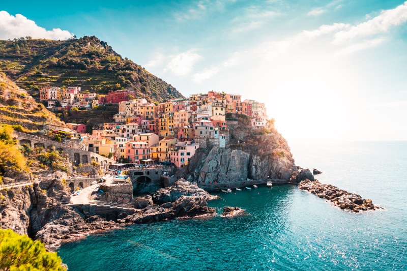travel, nature, sea, building exterior, la spezia, manarola, coast, scenics - nature, water, historical, architecture, land, vacation, rock - object, rock