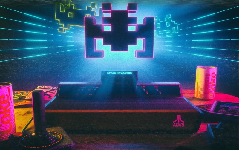 multi colored, table, consoles, Atari, electric Lamp, text, communication, arts culture and entertainment, light - Natural Phenomenon, celebration, blue