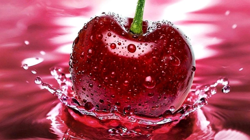 cherry, fruit, water drops, droplets, water, photography, macro photography, 1080P, splash, fresh, vitamin, drop