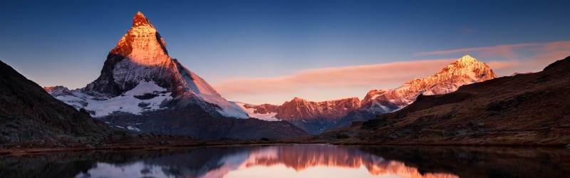 mountains, landscape, nature, sunset, dual monitors, multiple display, Matterhorn, 4K, lake, snow