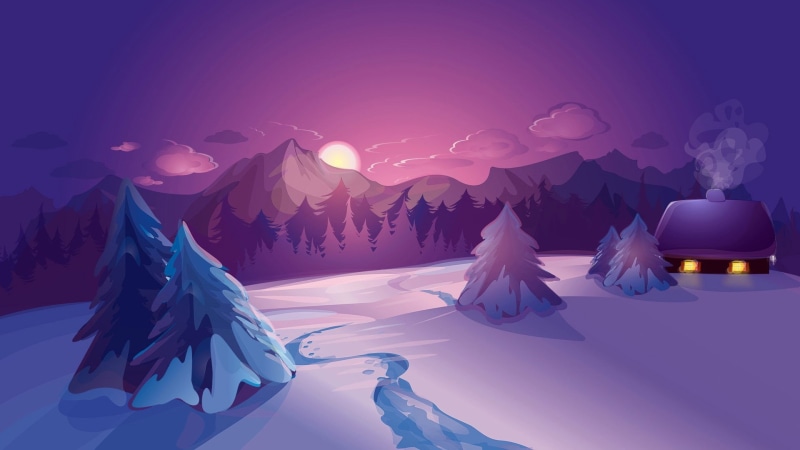 digital art, winter, house, clouds, mountains, digital, sunset, art, nature, snow, 1080P