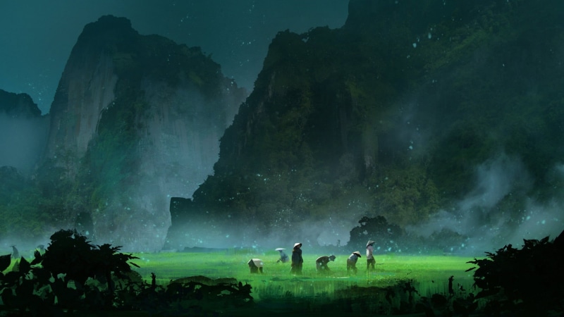 fog, environment, painting, fantasy art, land, no people, tranquility, mountain, meadow, trees, sky, nature, mist, beauty in nature, agriculture, brown