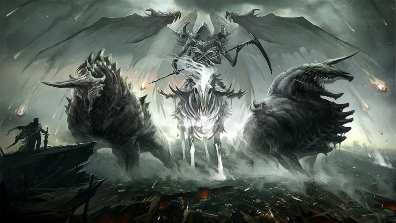 grim, digital composite, creativity, representation, apocalyptic, flowing water, fantasy art, angel, nature, animals in the wild, close-up, Four Horsemen of the Apocalypse