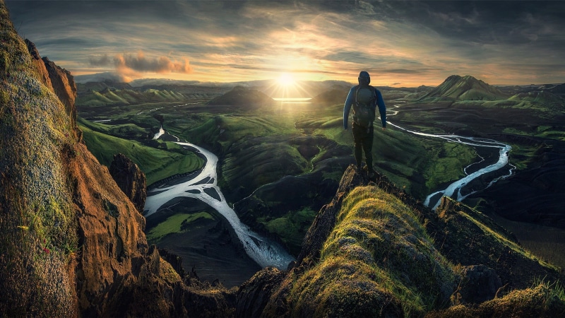 tranquility, looking at view, sun, scenics - nature, sky, leisure activity, river, mountain, non-urban scene, clouds, illustration, land, cloud - sky, adult