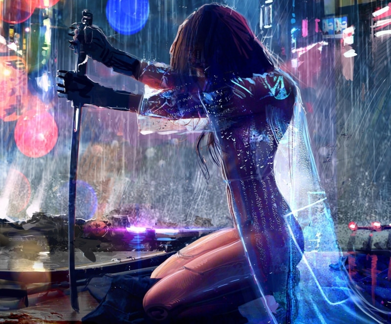 art, one person, 720P, three quarter length, swordsman, reflection, women, adult, long hair, illuminated, technology, beautiful woman, real people, casual clothing
