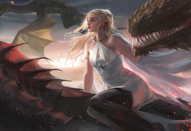 Sakimichan, white hair, Daenerys Targaryen, thrones, 720P, young adult, women, thigh-highs, beautiful woman, dress, arts culture and entertainment, digital art