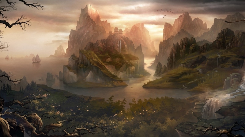 hills, 1080P, birds, sailing ship, waterfall, nature, island, Chinese architecture, landscape, mountains, trees, rock, fantasy art, digital art, water