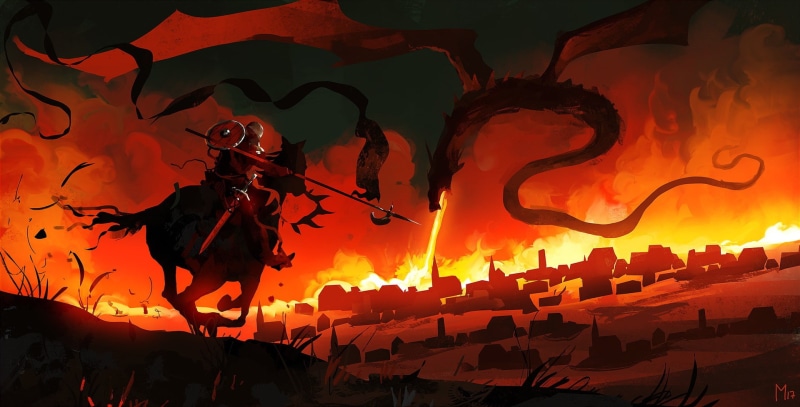 fantasy, fantasy art, dragon, digital art, 1080P, digital, artwork, art, fire, knight