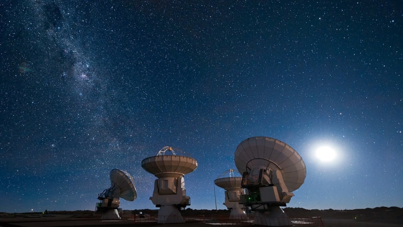 no people, architecture, science, connection, star - space, communication, radio telescope, tower, satellite dish, starry night, milky way, dish, astronomy telescope