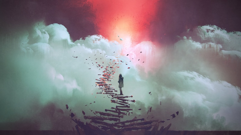 clouds, paint brushes, digital, painting, sky, landscape, digital painting, women, digital art, floating, concept art, 5K, artwork, fantasy art, silhouette