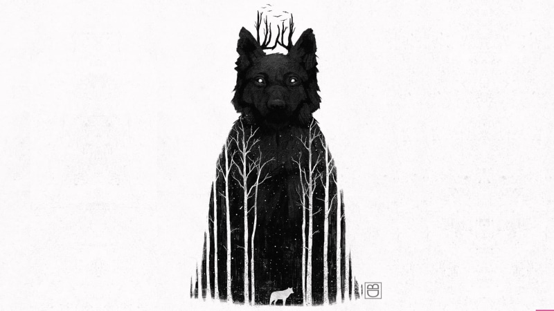 night, representation, one animal, night sky, art and craft, simple background, day, disguise, looking at viewer, copy space, wolf, Dan Burgess, white background