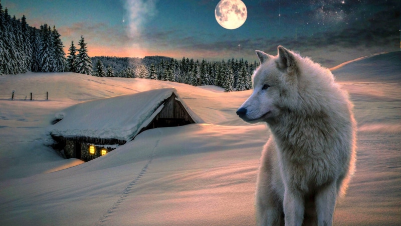 snow, wolf, landscape, night, sky, fantasy art, night sky, house, full moon, freezing, nature, 4K, moon, winter, wildlife