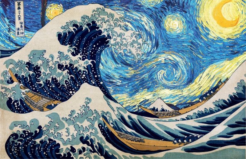 The Great Wave off Kanagawa, 2K, starry night, Hokusai, Vincent van Gogh