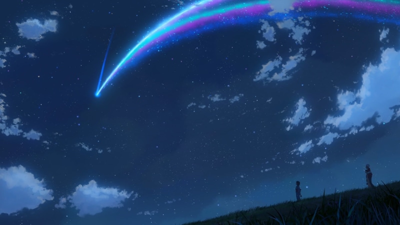 outdoors, glowing, no people, cloud - sky, galaxy, starry night, comet, Makoto Shinkai, environment, milky way, sky, Kimi no Na Wa, digital, meteorology