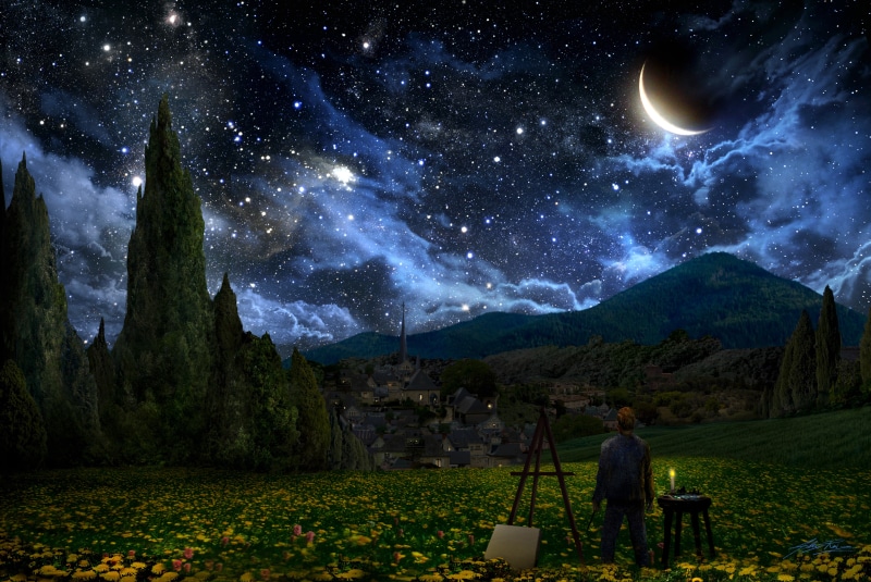 mountain, one person, nature, galaxy, men, stars, tranquility, real people, milky way, crescent moon, outdoors, trees, star - space, 5K, The Starry Night