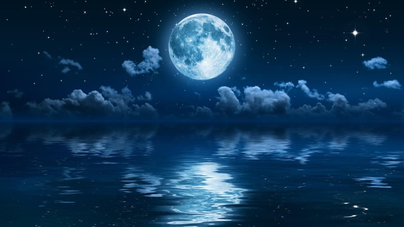 full moon, 1080P, night sky, moon, sky, night, stars, sea