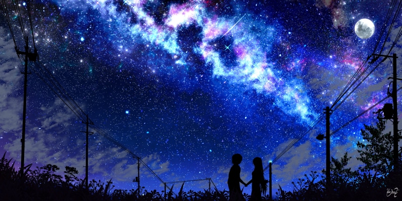 Starry Sky, Anime, Shooting Star, Boy, Moon, Girl, 5K, Original
