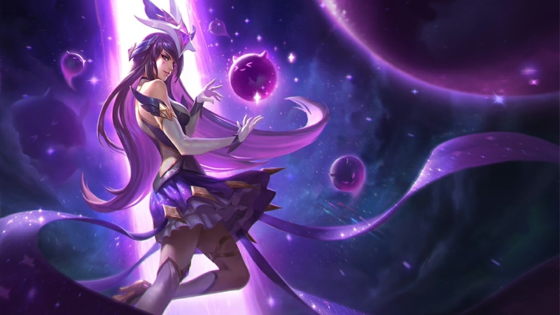 Syndra, illuminated, young women, adult, illustration, women, haired, 1080P, anime, character, invertebrate, glowing, Star Guardian, purple, Summoners Rift
