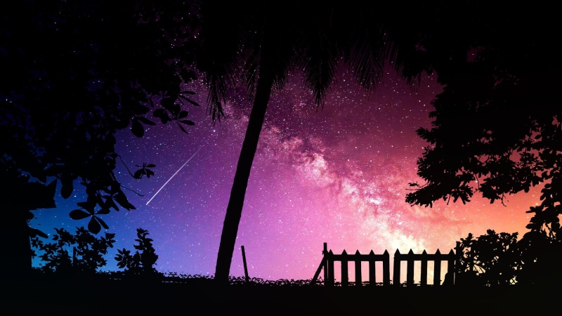 meteor, night, night sky, starry sky, fantasy art, fence, milky way, shooting star, 4K, silhouette, tree, stars