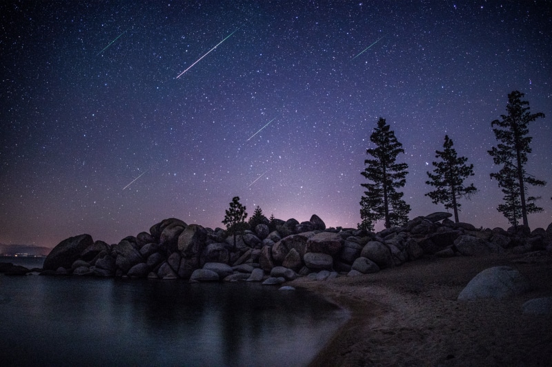 shooting, stars, space, milky Way, galaxy, trees, sky, lake, Chimney Beach, Night, 8K, star - Space, nature, constellation, blue, Perseid, meteor, Lake Tahoe