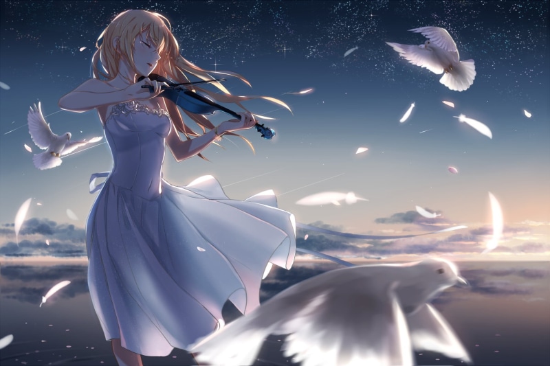 happiness, one person, people, character, Shigatsu wa Kimi no Uso, beautiful, Miyazono Kaori, female, fairy Tale, angel, animal Wing, violin, sunset, sea