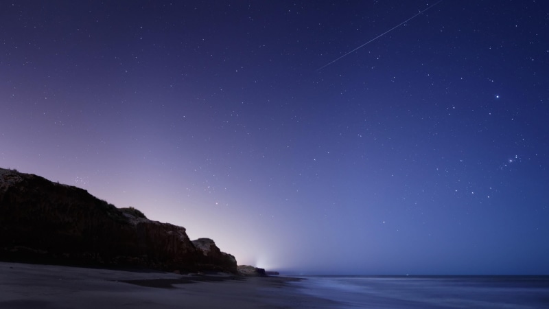 twilight, stars, land, space, no people, shooting star, star field, falls, tranquil scene, night, night sky, horizon over water, beach, star - space, nature