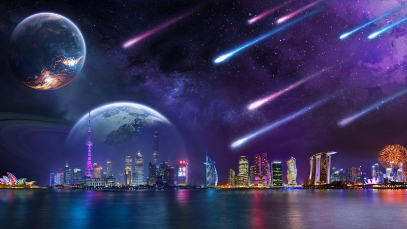 sea, galaxy, urban, digital art, comet, skyscraper, architecture, planet, city, neon, lights, Photorealism, night, photo manipulation, neon lights, city lights