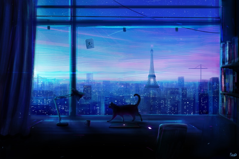digital art, 4K, digital, comet, cats, architecture, stars, lights, city lights, blue, Eiffel Tower, bedroom, city, dark, dusk, night, landscape, building