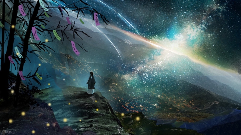 Stars, Comet, Scenery, Night, Original, Tree, Anime, Galaxy, 1080P