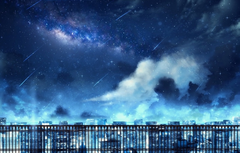 Anime, Comet, City, Night, Stars, 1080P, Original, Sky, Building, Cloud