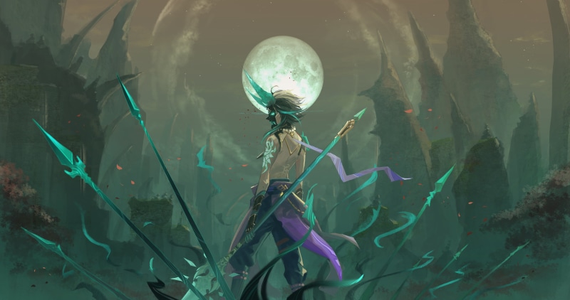 video games, 5K, Genshin Impact, xiao, Moon, video game art, digital art, spear, mask