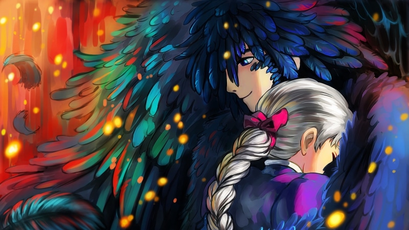 art, hugs, sophie hatter, howl, Sophie, 1080P, guy, girl, feathers, anime, Howls Moving Castle, yuuza