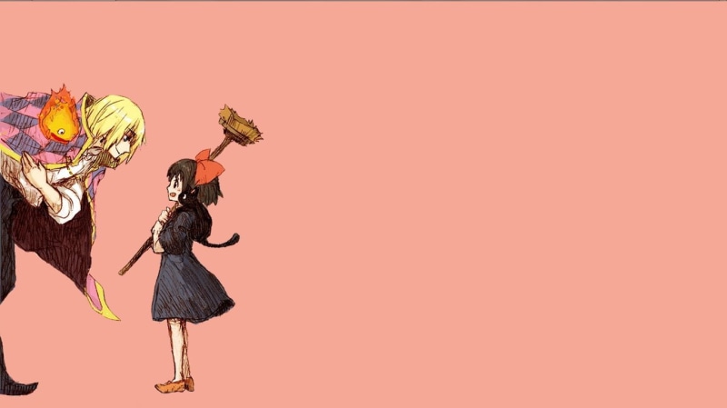 characters, full length, simple background, art and craft, colored background, young adult, holding, Hayao Miyazaki, side view, hair bows, adult, traditional clothing