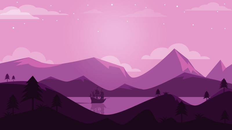 design, graphics, ship, sailing ship, art, pink, minimal, violet, mountains, night, stars, landscape, sky, lake, minimal art, minimalist, 4K, purple, illustration