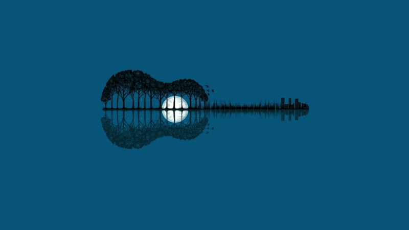 moon, sky, fantasy art, trees, guitar, graphics, landscape, reflection, graphic design, 1080P, blue