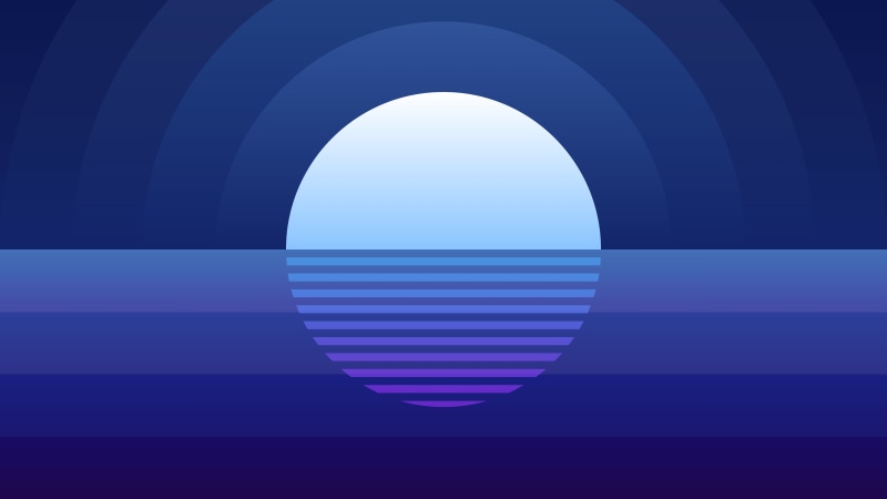 night, synthwave, digital, artwork, moon rays, reflection, sea, 5K, illustration, simple, digital art, Moon, blue background, water, simple background