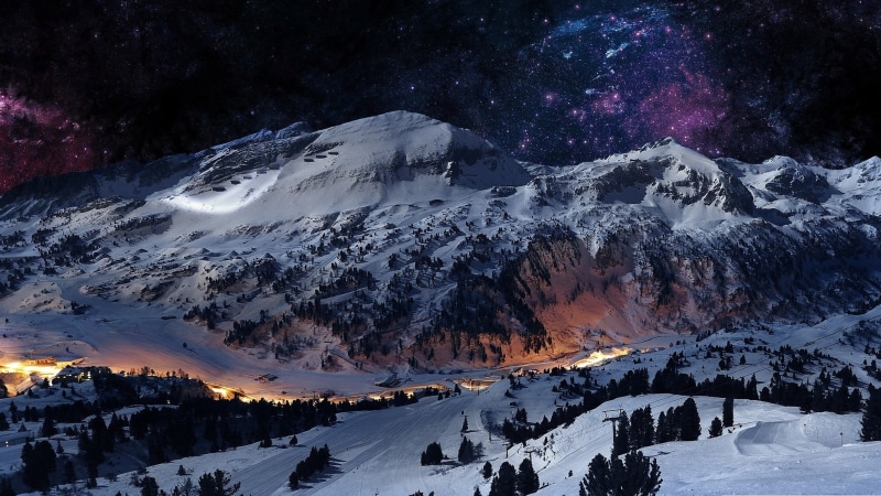 4K, landscape, stars, mountain village, darkness, mountain, sky, night, mountain range, winter, night sky, snow, nature, massif, starry sky