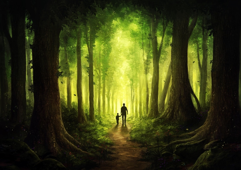 father, people, drawing, men outdoors, lights, plants, children, Sun, nature, landscape, fantasy art, outdoors, artwork, forest, digital, walking, digital art