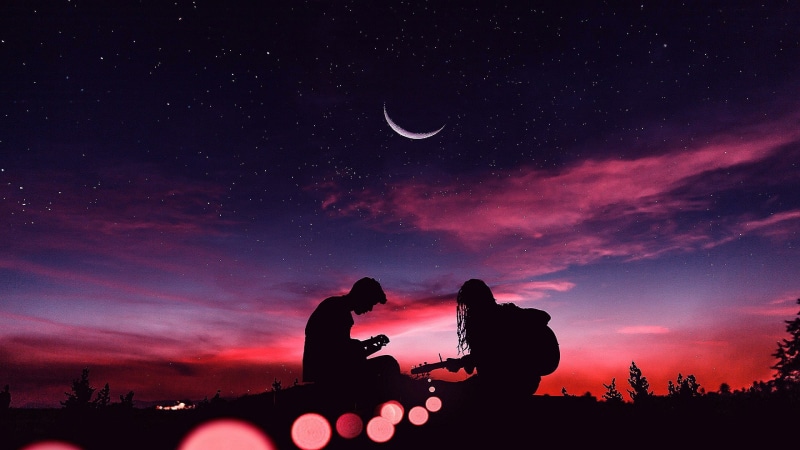 silhouette, 1080P, starry night, darkness, crescent moon, pink clouds, night, playing guitar, moon