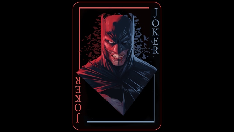 black, dark, simple background, superhero, DC Universe, black background, 4K, Bruce Wayne, DC Comics, artwork, fictional character, red, Joker, digital art