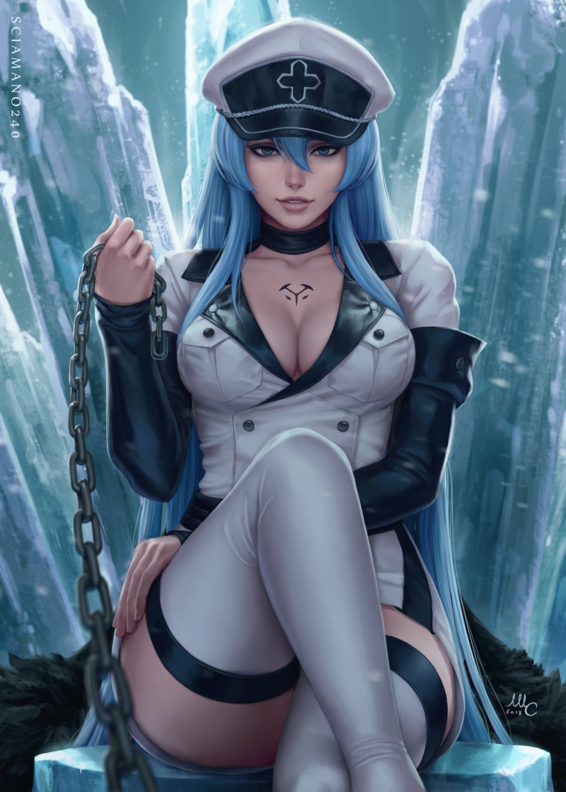 digital art, Sciamano240, fan art, cleavage, looking at viewer, women, thigh-highs, chains, blue hair, Esdeath (Akame Ga Kill!), smiling, 1080P, long hair