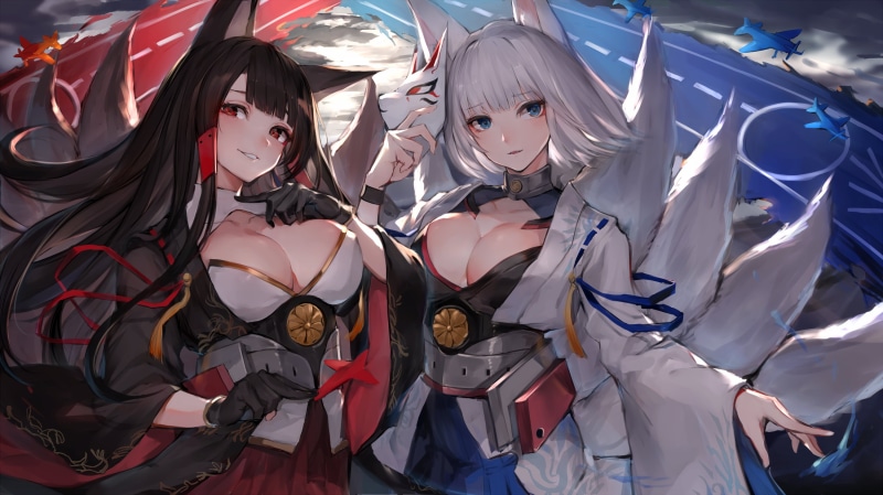 Kaga (Azur Lane), aircraft, fan art, artwork, anime girls, digital art, cleavage, Akagi (Azur Lane), foxy ears, gloves, mask, drawing, white hair, blue eyes