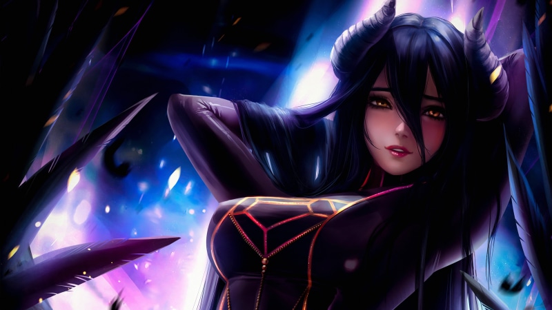 Characters, fan art, anime girls, fantasy girl, long hair, illustration, 4K, black hair, anime, digital art, artwork, Albedo (OverLord), Overlord (anime)