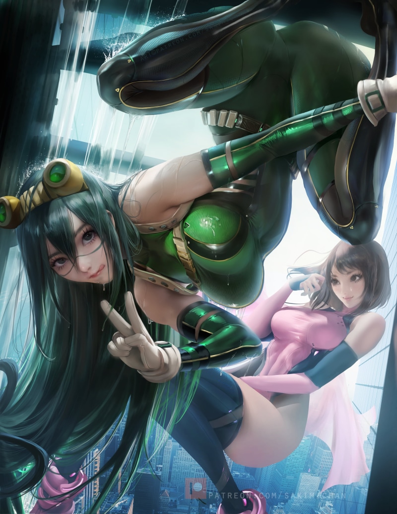 brunette, smiling, Tsuyu Asui, tongues, looking at viewer, wet, women, anime, leotard, water, bodysuit, dark hair, Sakimichan, peace sign, 2K, Uraraka Ochako