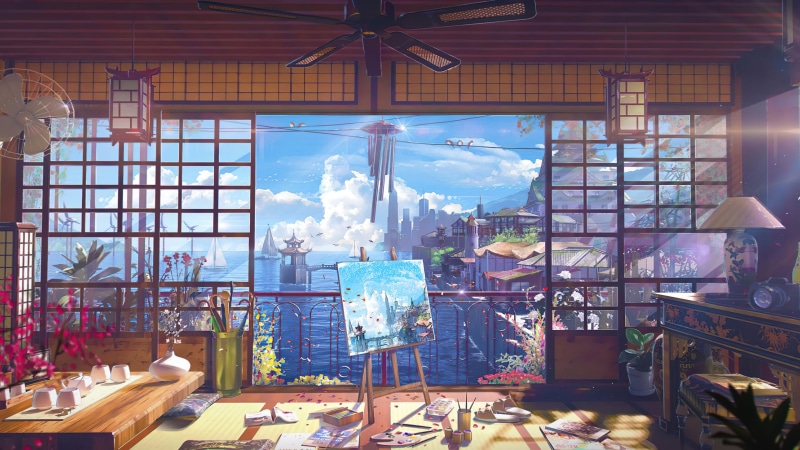 Japanese, anime, 4K, ocean view, room, painting, clutter, digital art