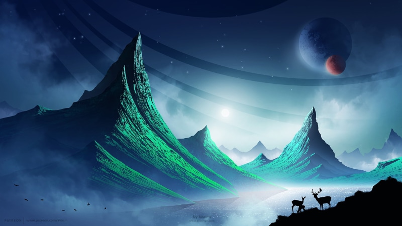 Kvacm, fantasy art, animals, deer, landscape, artwork, planet, 1080P, digital art, mountains