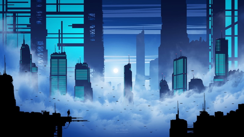 blue, Kvacm, 1080P, men, building, digital art, artwork, science fiction, city