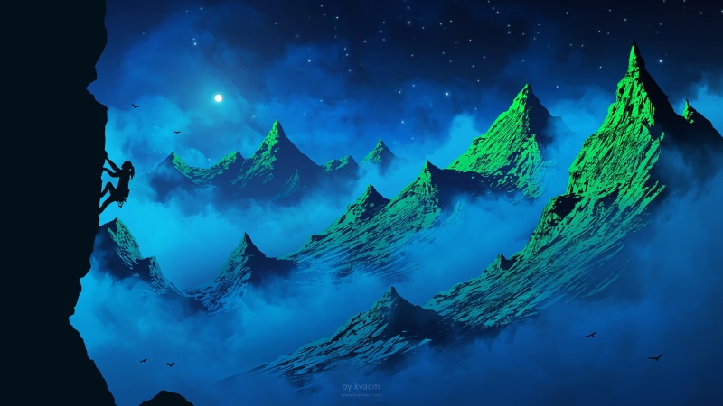 illustration, scenics - nature, sky, landscape, space, water, sea, hiking, artwork, climbing, night, land, Kvacm, blue, no people, 1080P, digital art