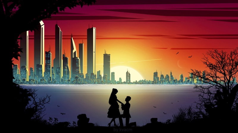 Sun, Kvacm, skyscraper, artwork, cityscape, romance, digital, outdoors, couple, city, sky, building, 4K, orange sky, men, water, dark, tower, sea, evening