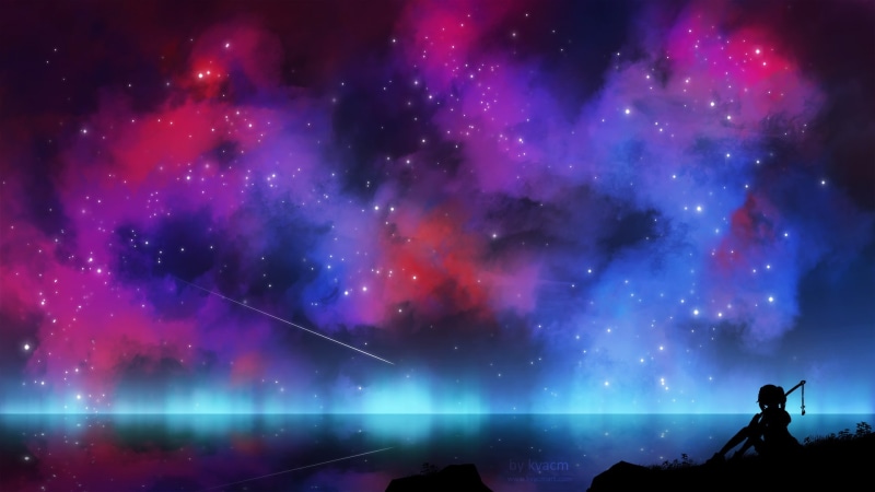 1080P, artwork, sky, women, fisherman, sea, dark, anime, stars, Kvacm, digital art, space, colorful